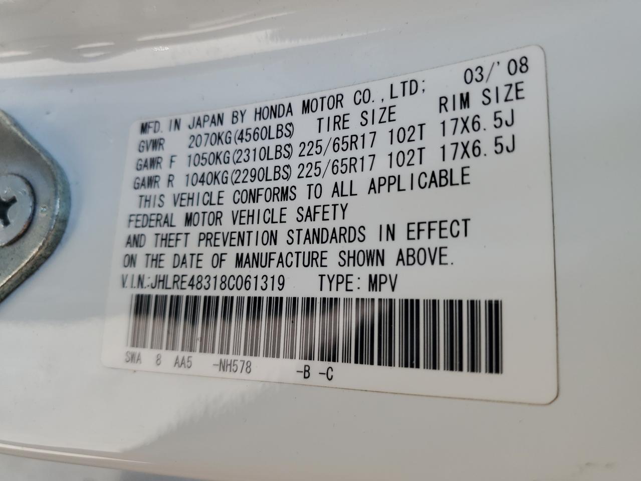 2008 Honda Cr-V Lx VIN: JHLRE48318C061319 Lot: 64665094