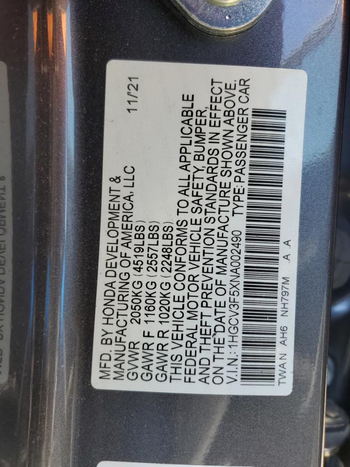 2022 Honda Accord Hybrid Exl VIN: 1HGCV3F5XNA002490 Lot: 63308104