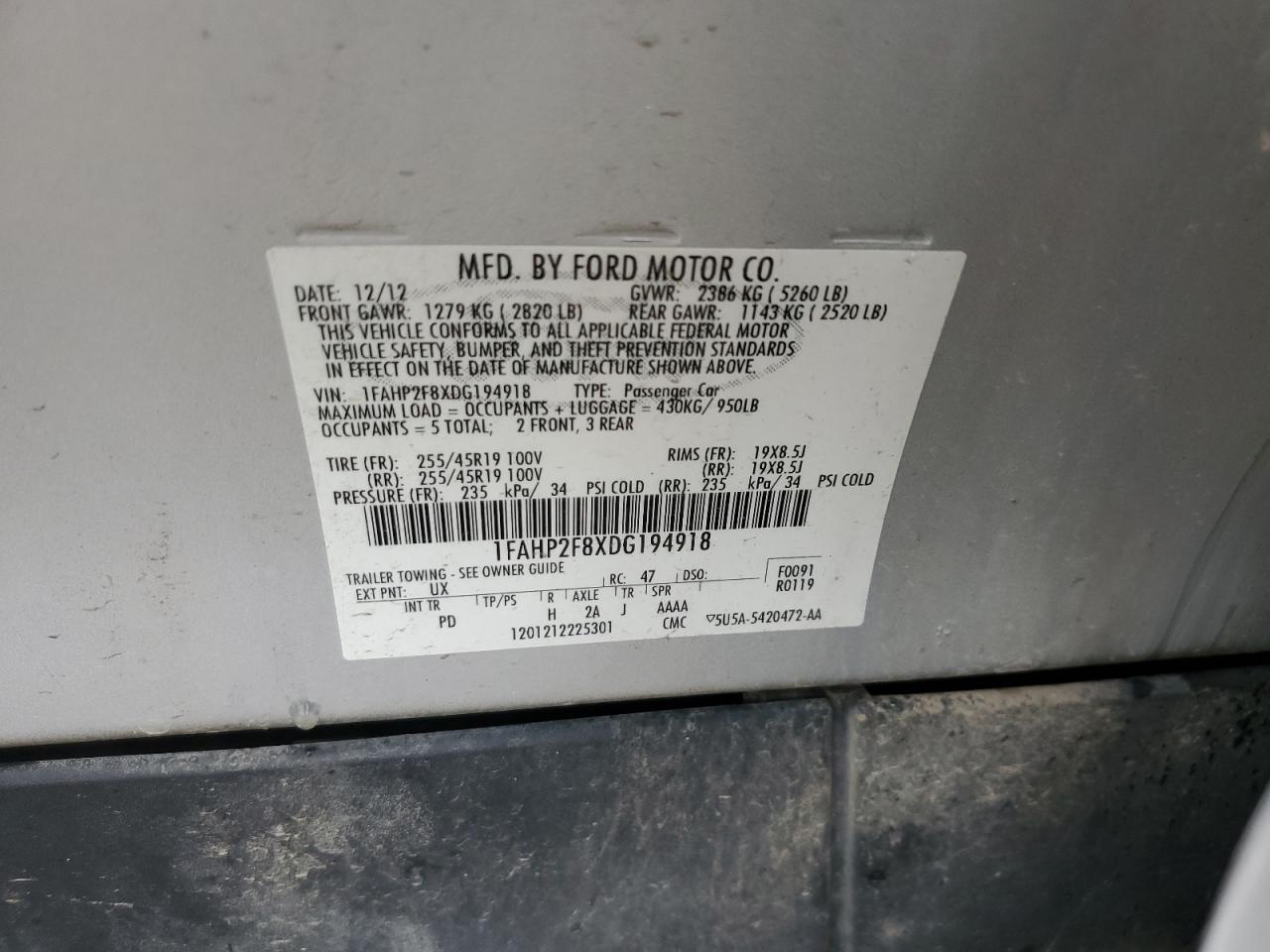 2013 Ford Taurus Limited VIN: 1FAHP2F8XDG194918 Lot: 61651124