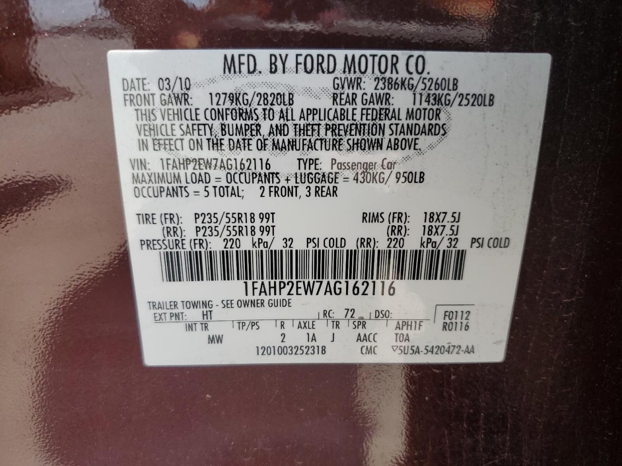 2010 Ford Taurus Sel VIN: 1FAHP2EW7AG162116 Lot: 63970204