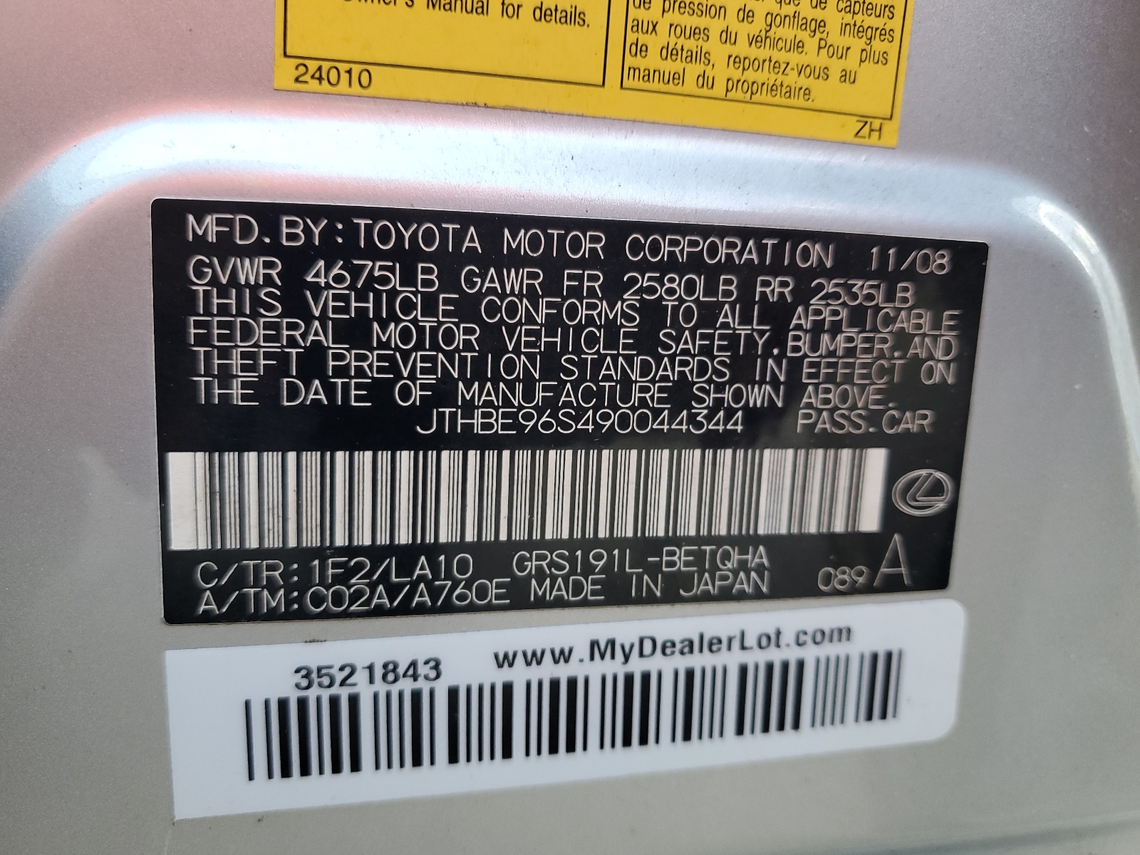 JTHBE96S490044344 2009 Lexus Gs 350