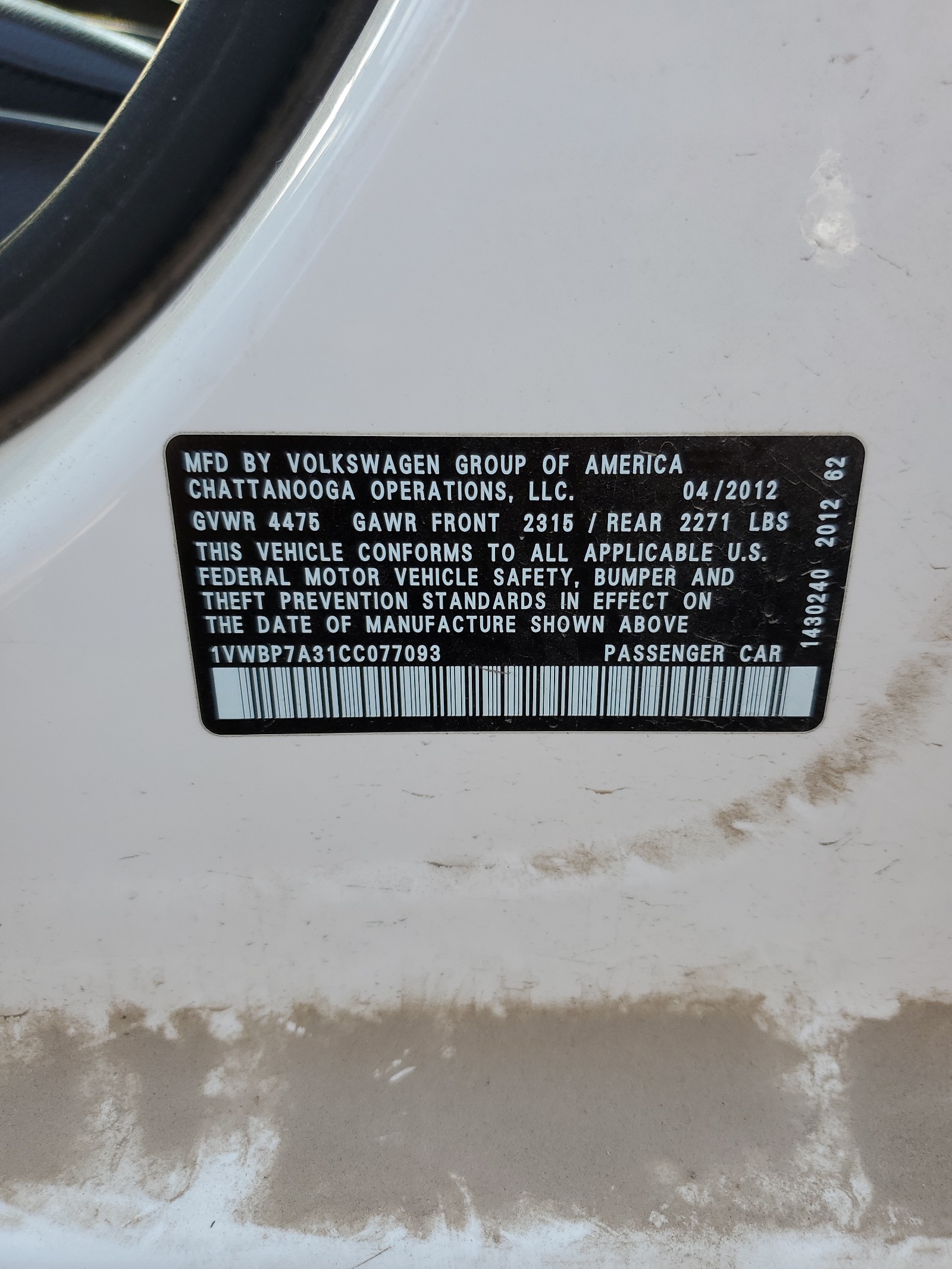 1VWBP7A31CC077093 2012 Volkswagen Passat Se