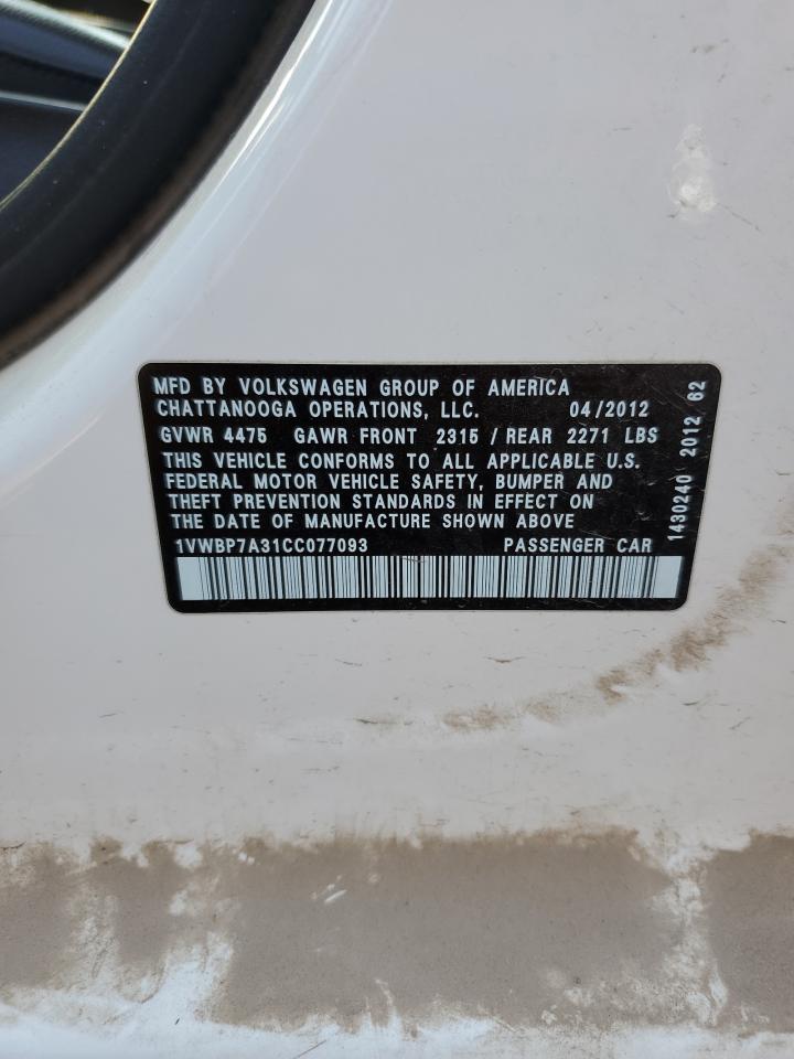 2012 Volkswagen Passat Se VIN: 1VWBP7A31CC077093 Lot: 64815444