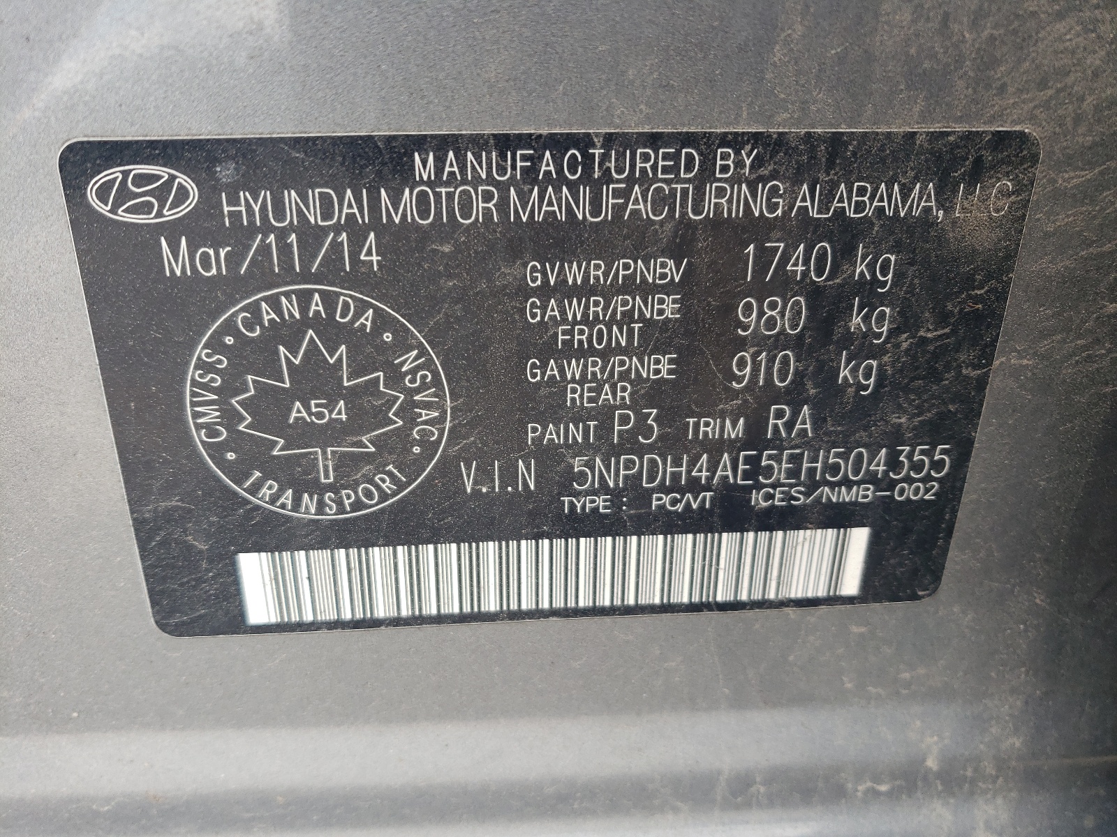 5NPDH4AE5EH504355 2014 Hyundai Elantra Se