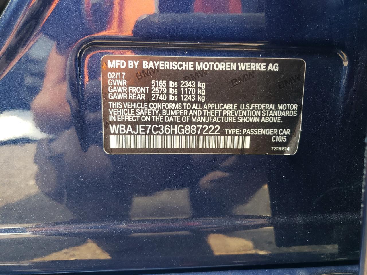 2017 BMW 540 Xi VIN: WBAJE7C36HG887222 Lot: 63933114