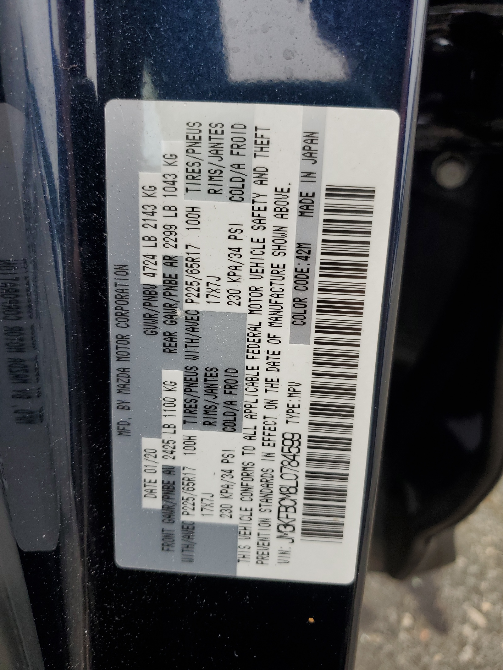 JM3KFBCM8L0784599 2020 Mazda Cx-5 Touring