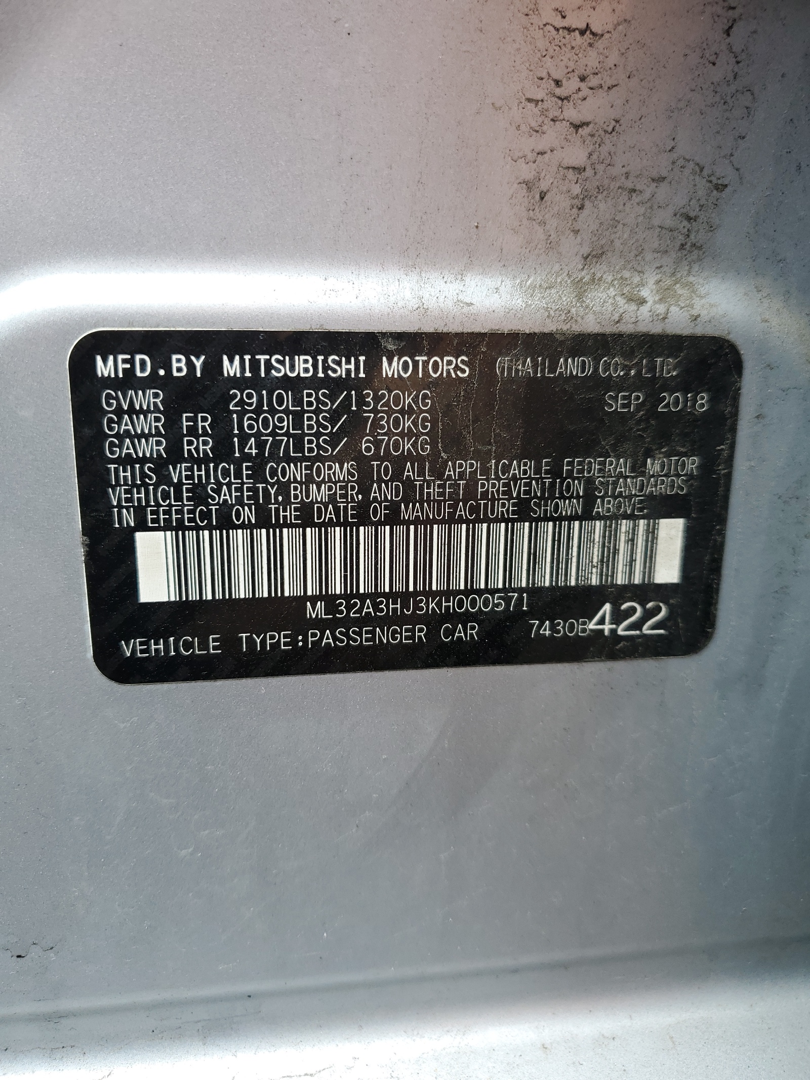 ML32A3HJ3KH000571 2019 Mitsubishi Mirage Es