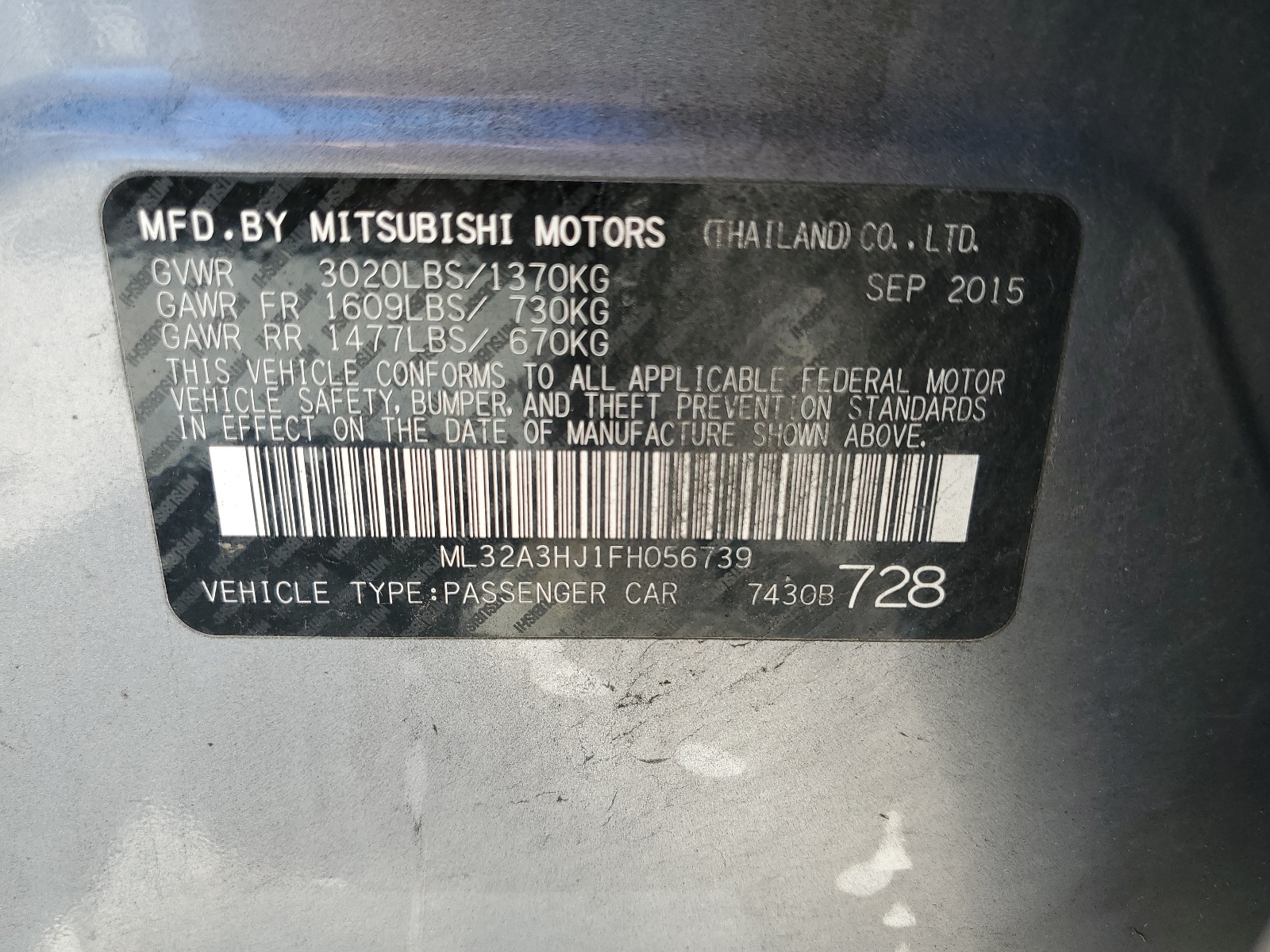 ML32A3HJ1FH056739 2015 Mitsubishi Mirage De