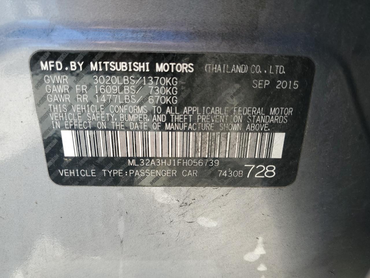 2015 Mitsubishi Mirage De VIN: ML32A3HJ1FH056739 Lot: 62109904