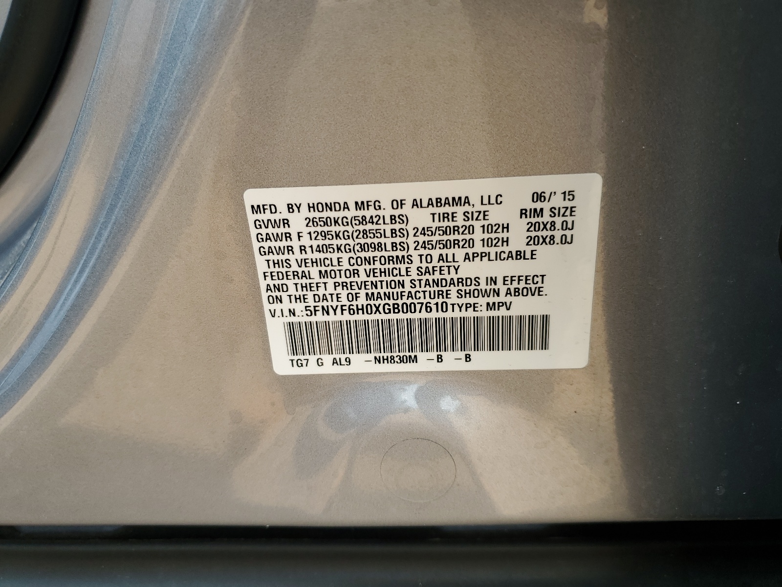 5FNYF6H0XGB007610 2016 Honda Pilot Elite