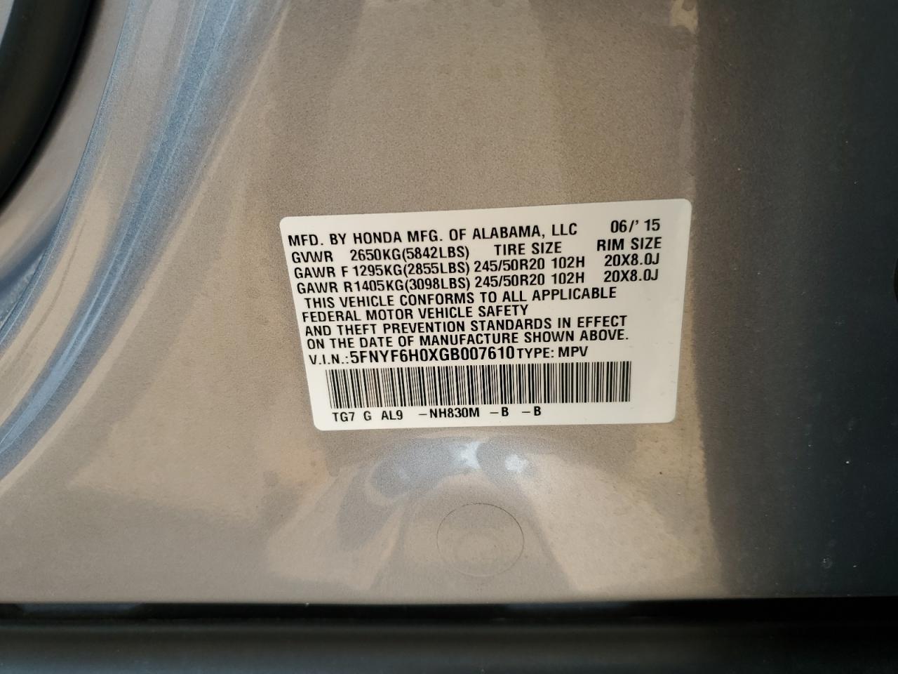 2016 Honda Pilot Elite VIN: 5FNYF6H0XGB007610 Lot: 63696994