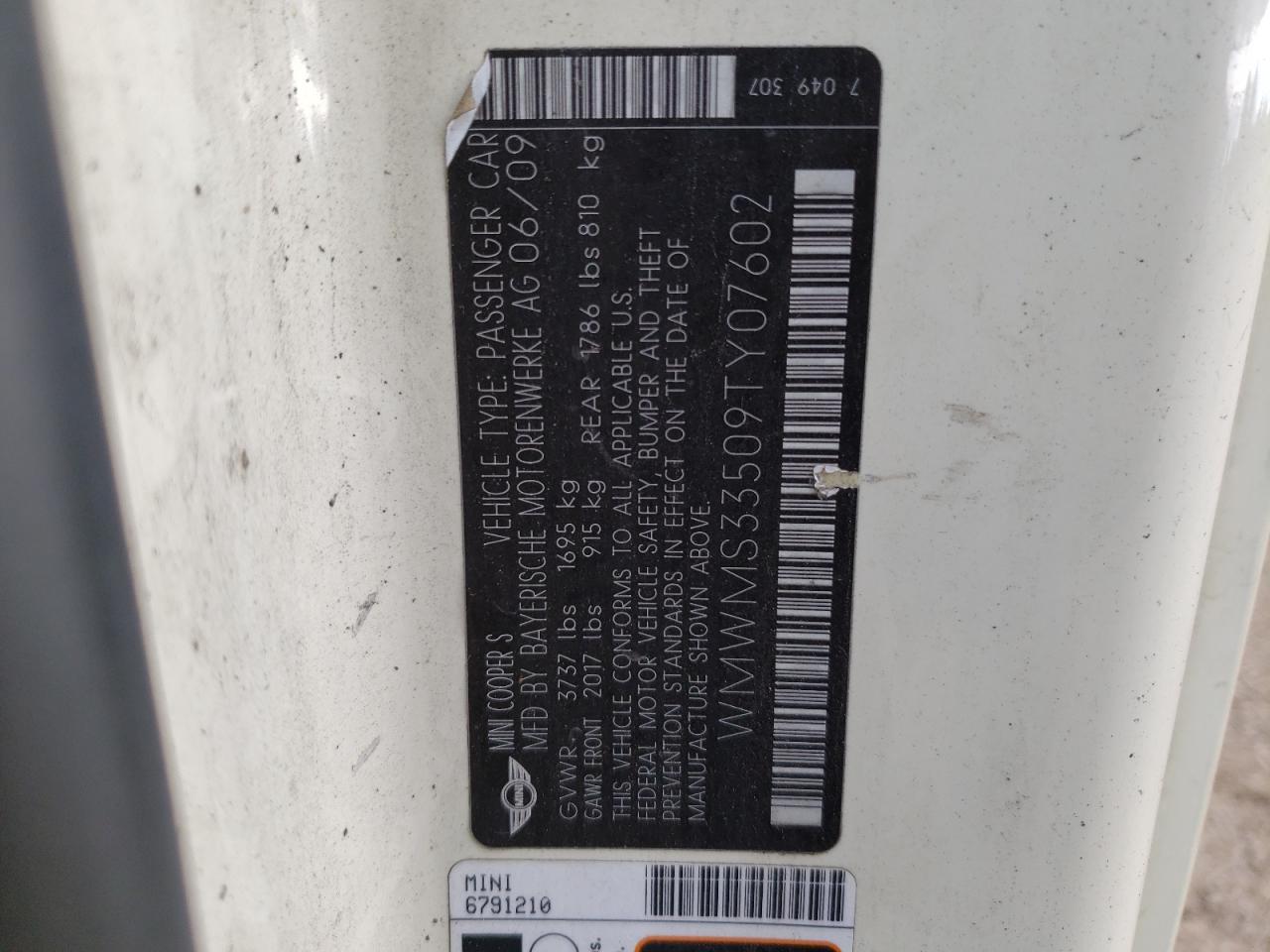 2009 Mini Cooper S VIN: WMWMS33509TY07602 Lot: 63728214