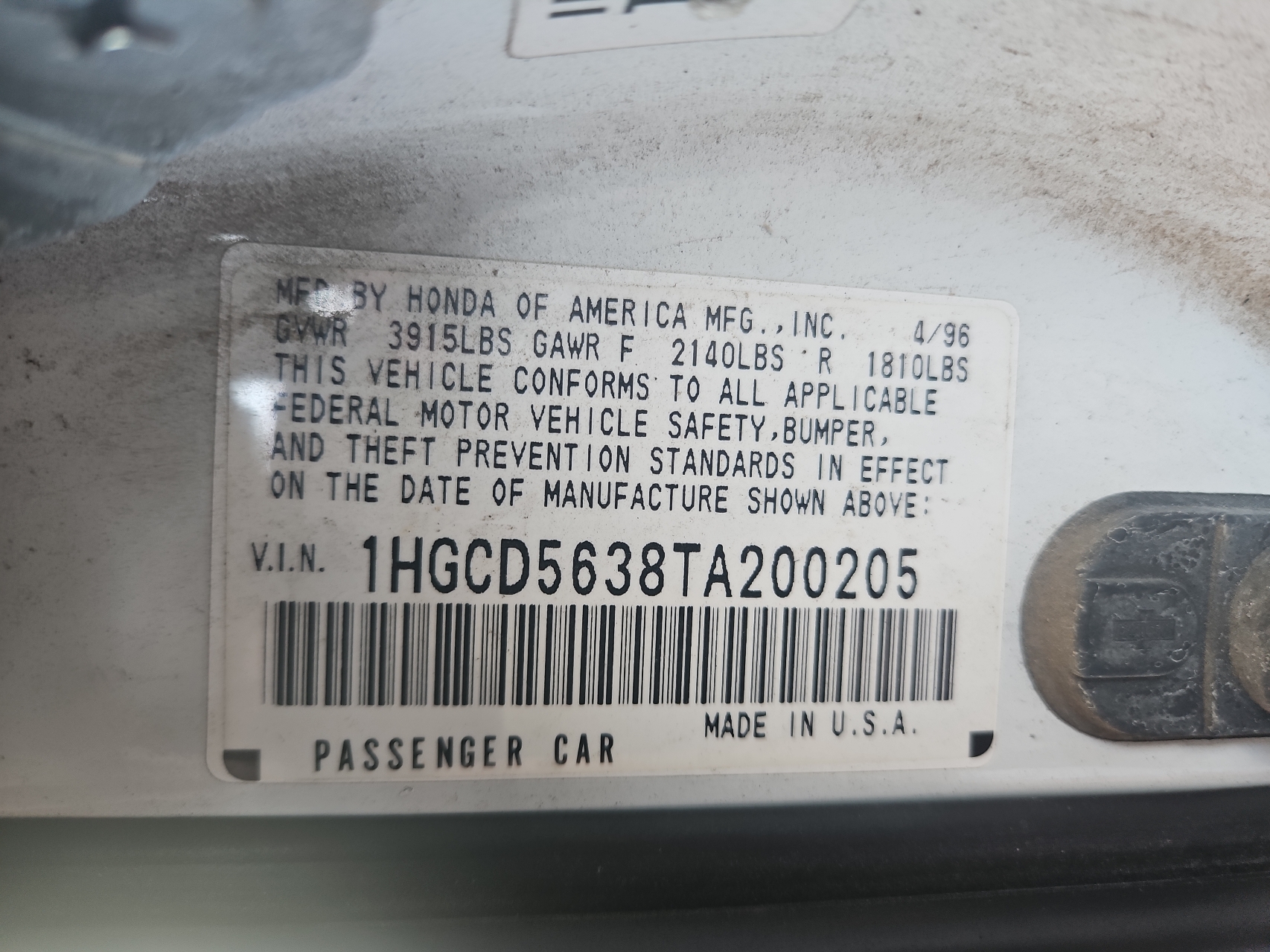 1HGCD5638TA200205 1996 Honda Accord Lx