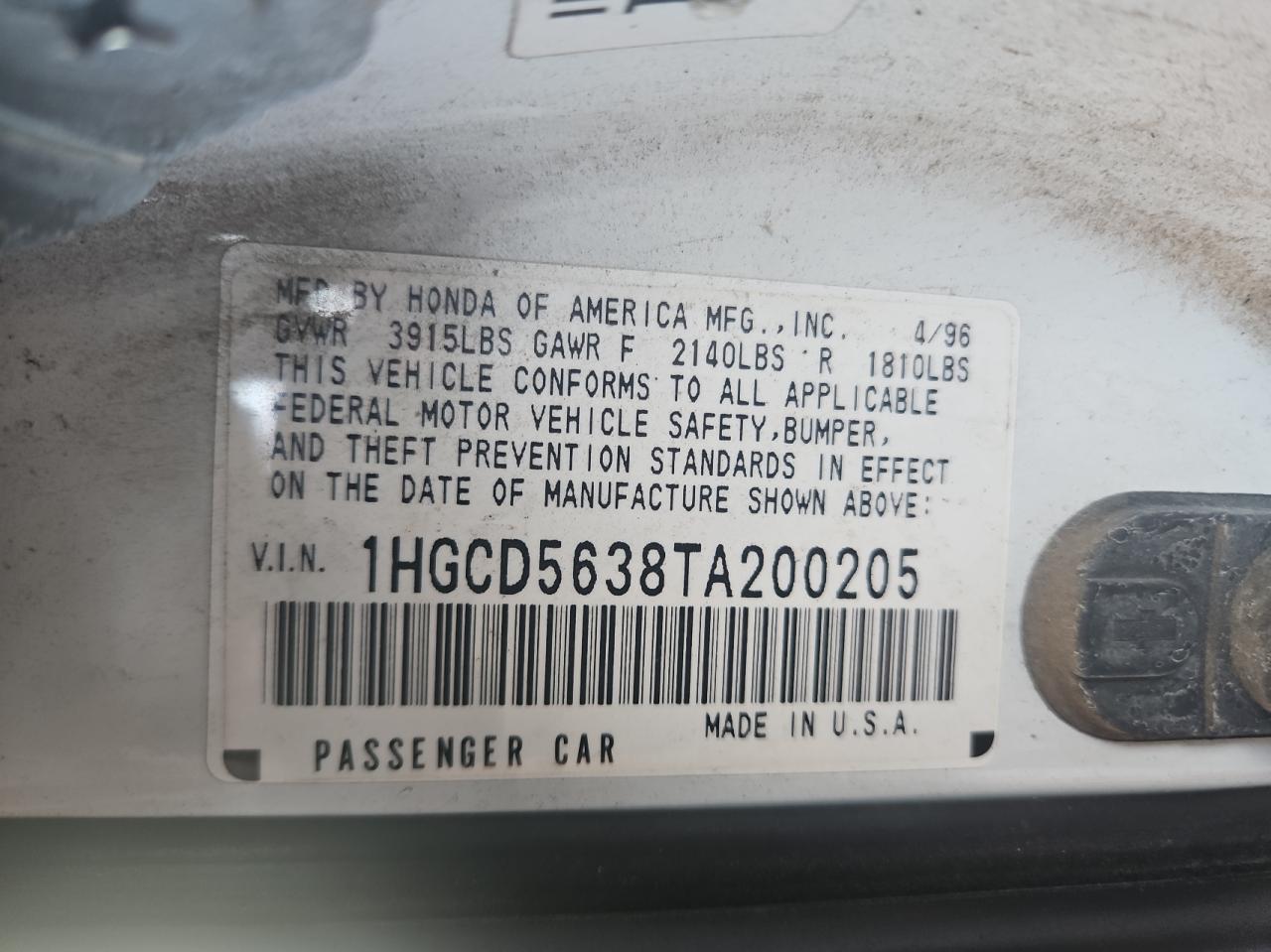 1996 Honda Accord Lx VIN: 1HGCD5638TA200205 Lot: 64502324