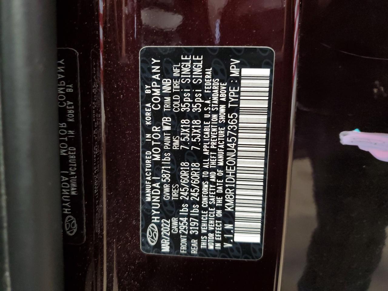 2022 Hyundai Palisade Se VIN: KM8R1DHE0NU457365 Lot: 62007144