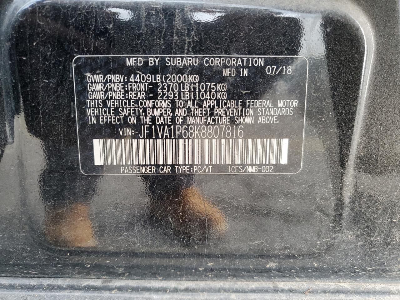 JF1VA1P68K8807816 2019 Subaru Wrx Limited