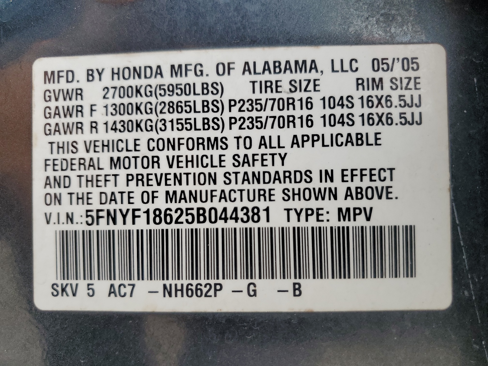 5FNYF18625B044381 2005 Honda Pilot Exl