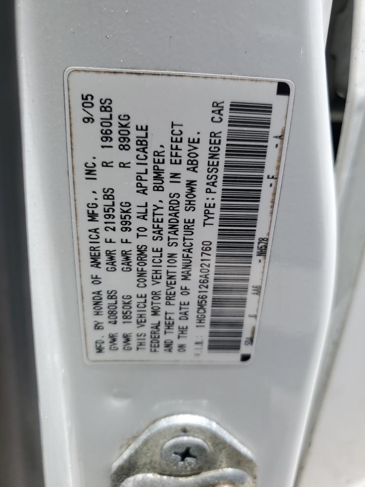 2006 Honda Accord Value VIN: 1HGCM56126A021760 Lot: 64817524