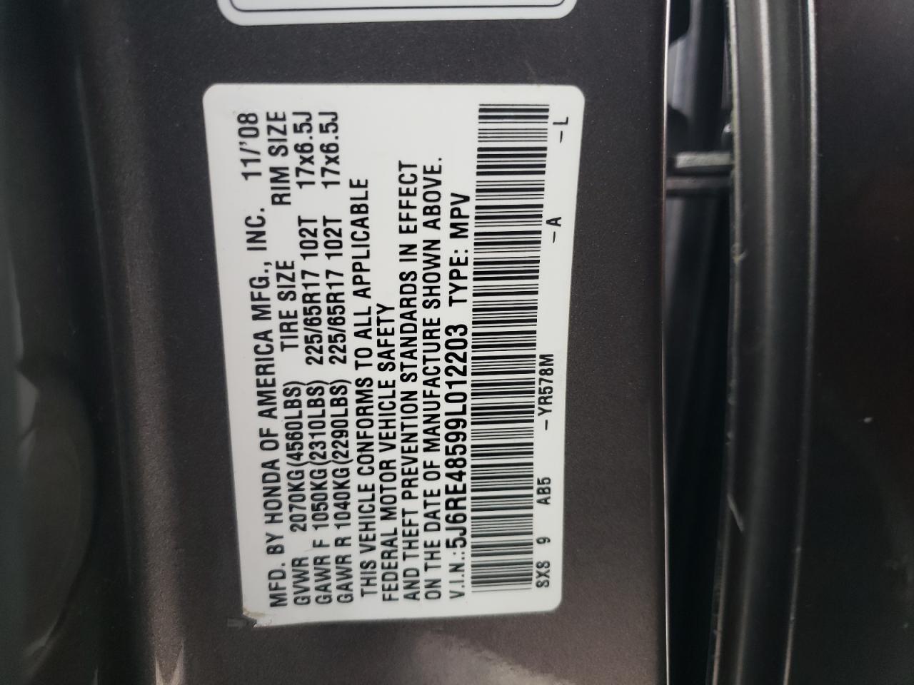 5J6RE48599L012203 2009 Honda Cr-V Ex