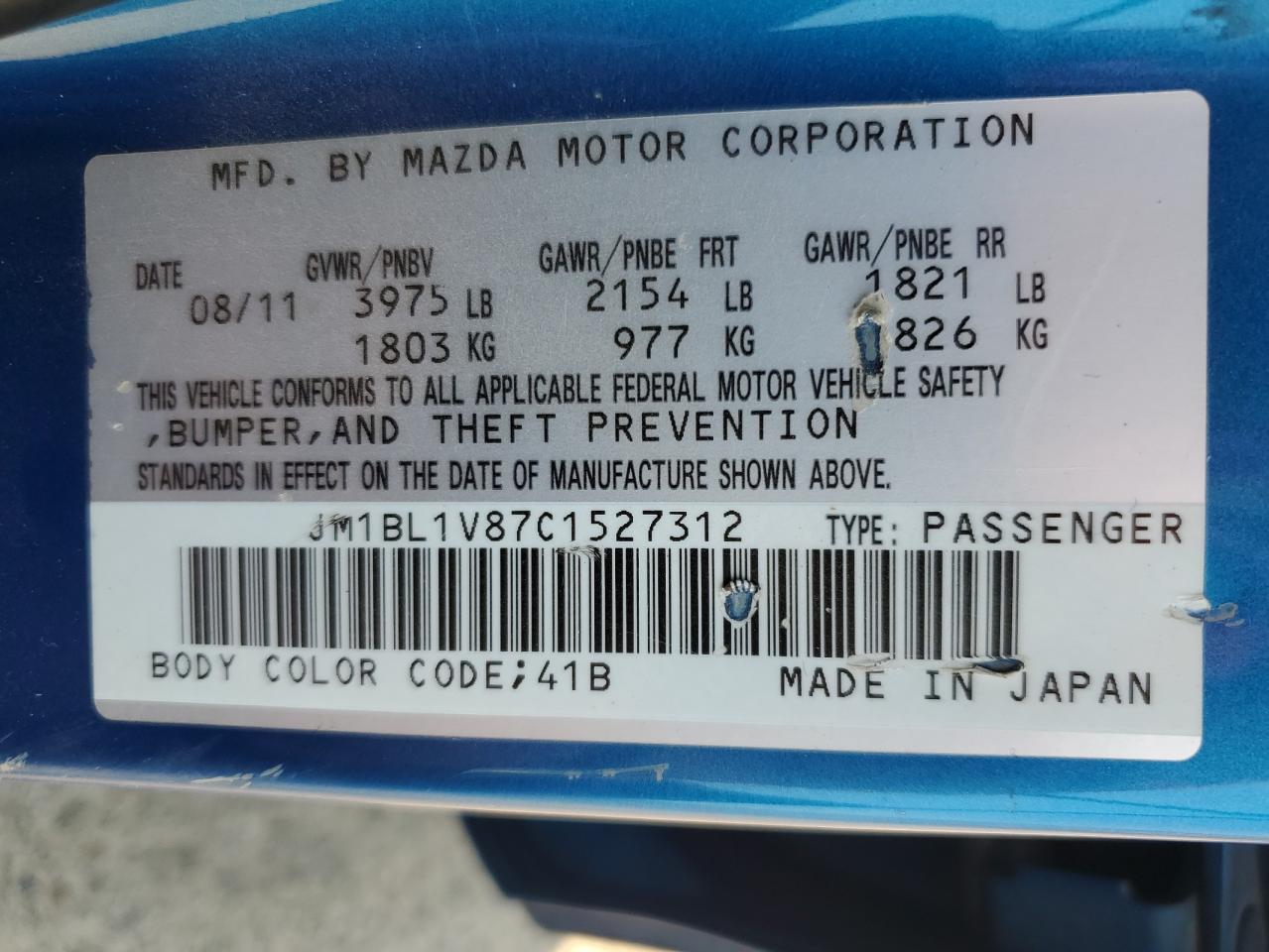 2012 Mazda 3 I VIN: JM1BL1V87C1527312 Lot: 64439654