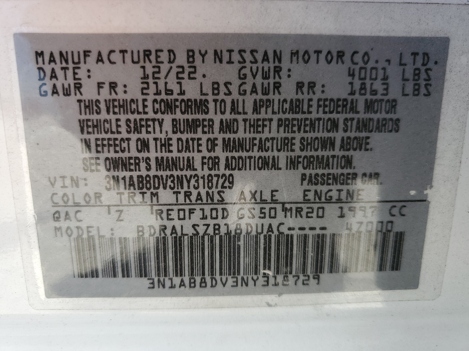 3N1AB8DV3NY318729 2022 Nissan Sentra Sr