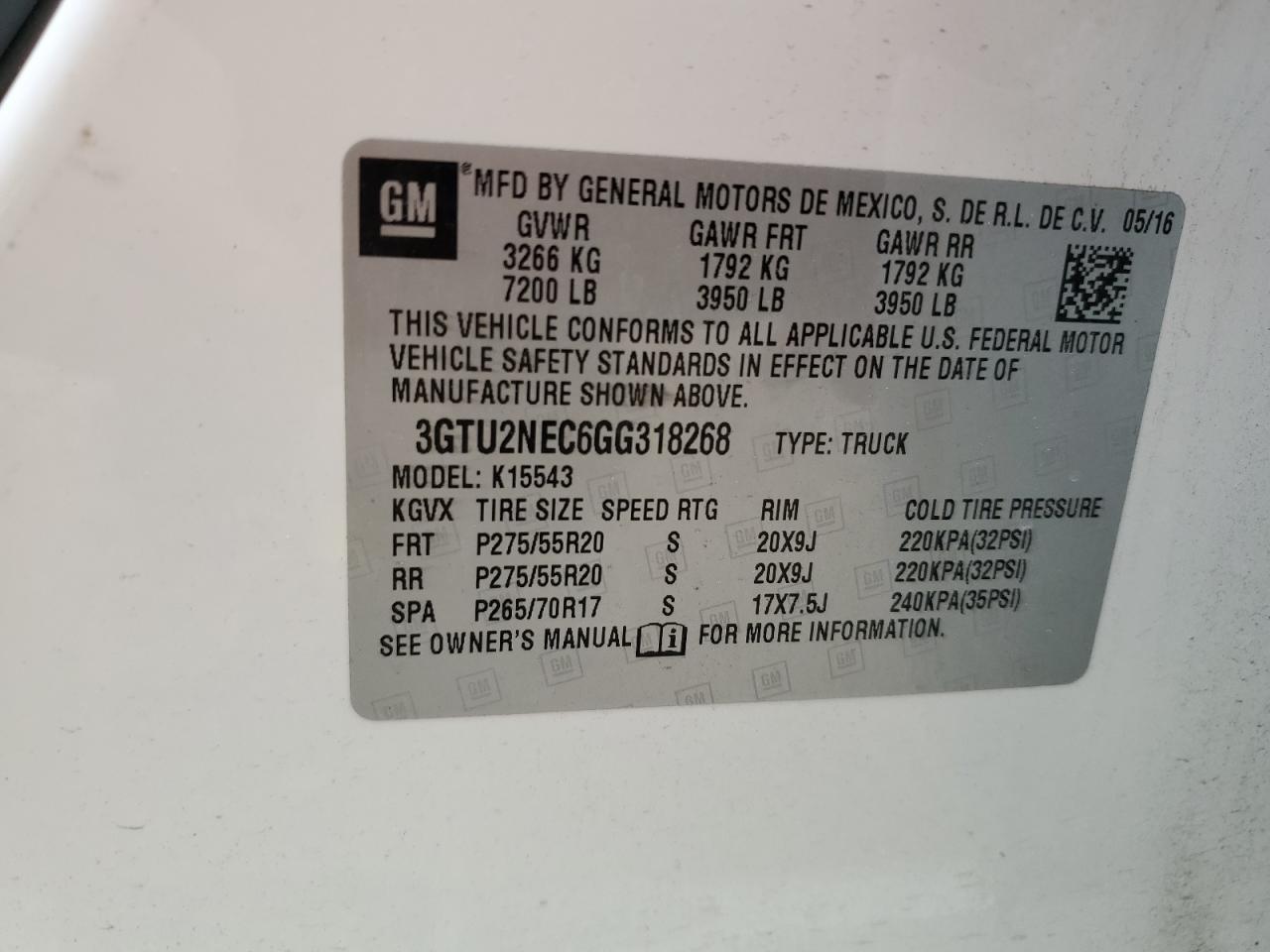 2016 GMC Sierra K1500 Slt VIN: 3GTU2NEC6GG318268 Lot: 62944414