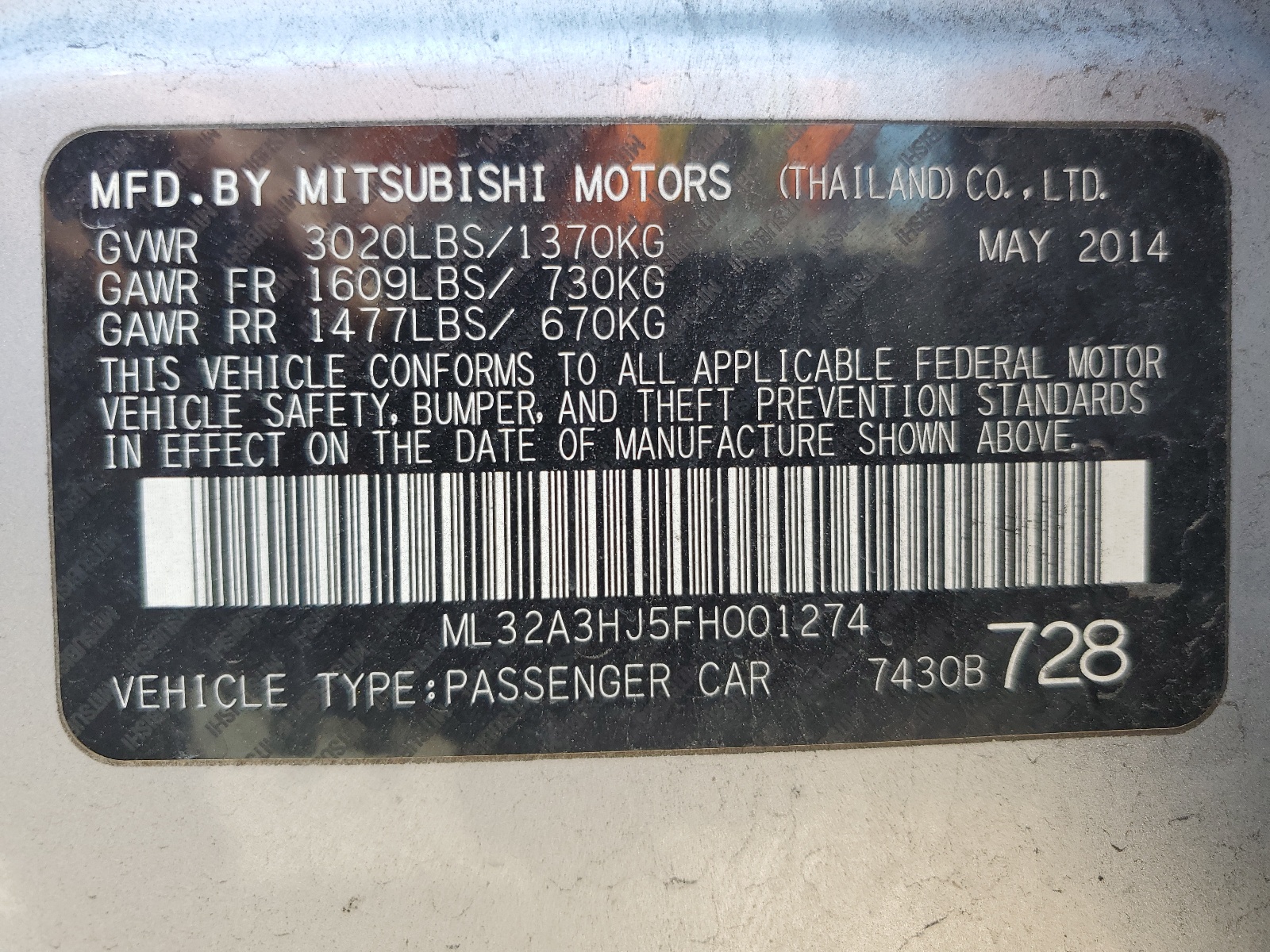 ML32A3HJ5FH001274 2015 Mitsubishi Mirage De