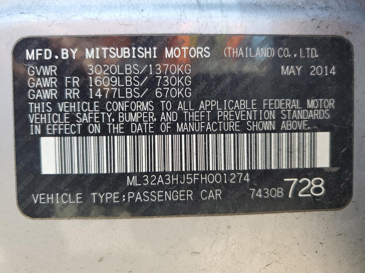 2015 Mitsubishi Mirage De VIN: ML32A3HJ5FH001274 Lot: 63004544