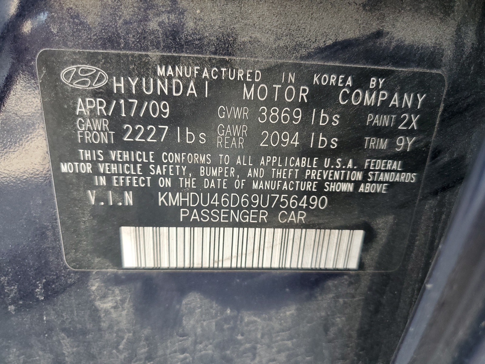 KMHDU46D69U756490 2009 Hyundai Elantra Gls