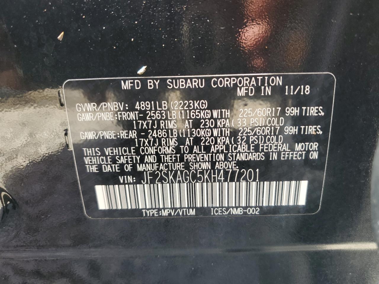 2019 Subaru Forester Premium VIN: JF2SKAGC5KH477201 Lot: 64962174