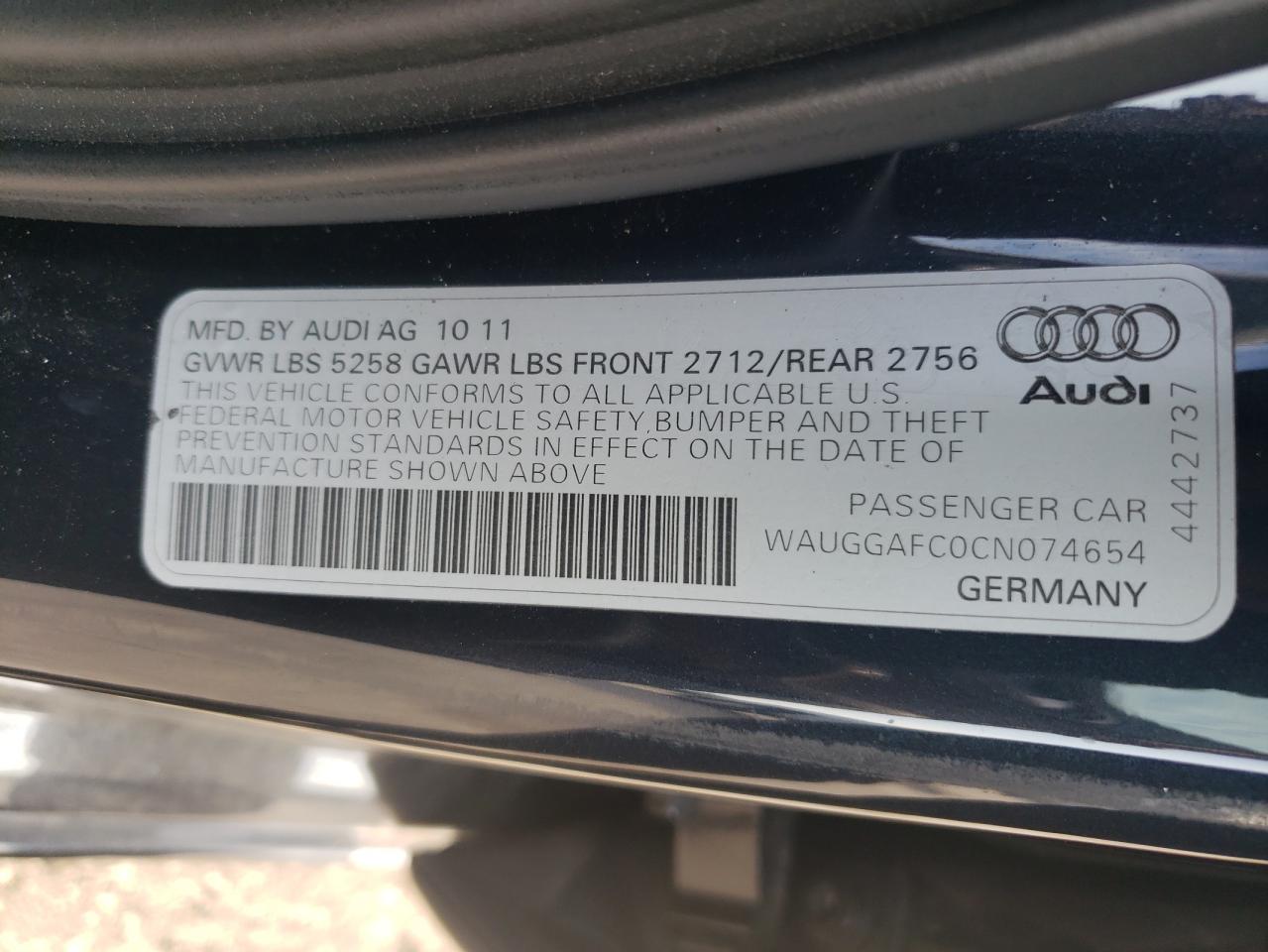 2012 Audi A6 Premium Plus VIN: WAUGGAFC0CN074654 Lot: 63551674