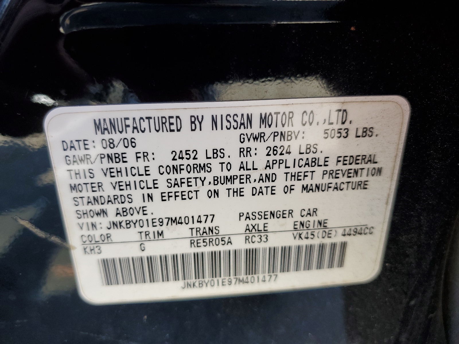 JNKBY01E97M401477 2007 Infiniti M45 Base