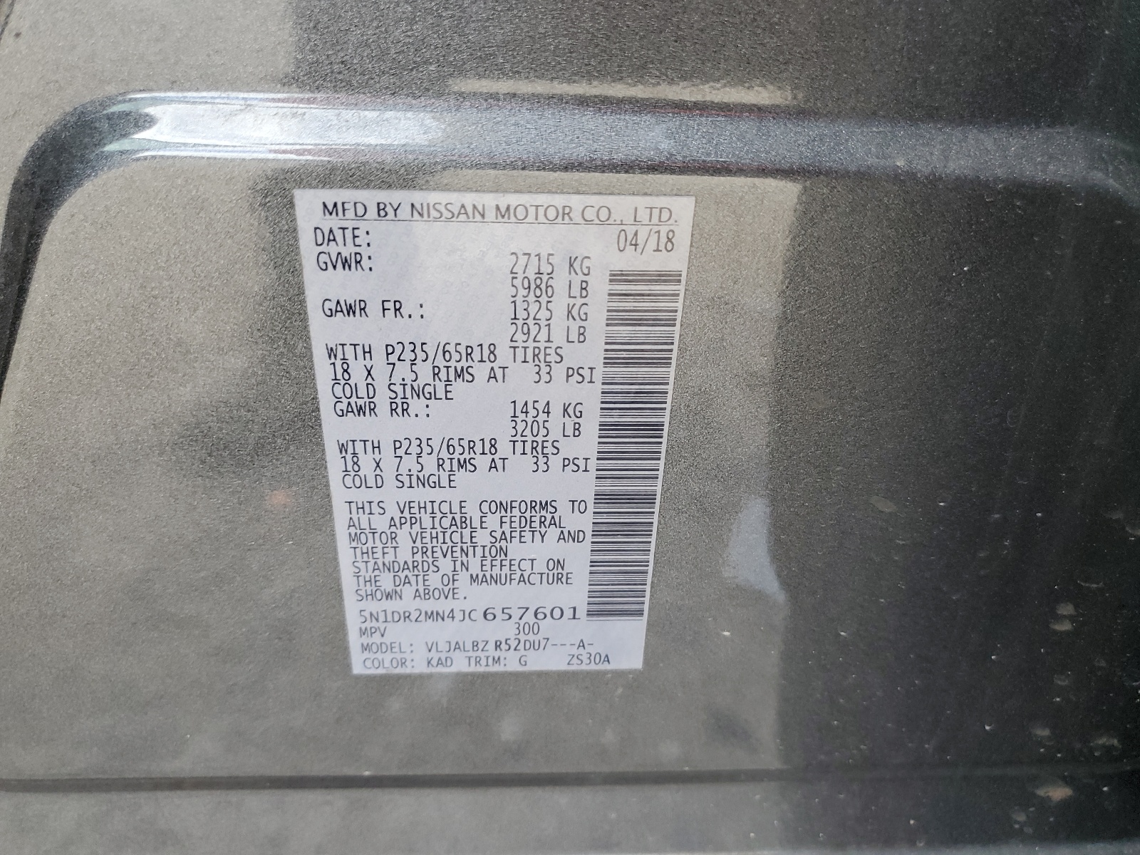 5N1DR2MN4JC657601 2018 Nissan Pathfinder S