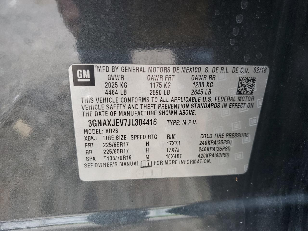 2018 Chevrolet Equinox Lt VIN: 3GNAXJEV7JL304416 Lot: 63298304