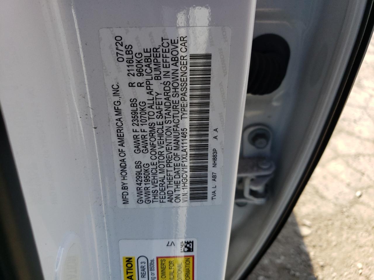 1HGCV1F1XLA111465 2020 Honda Accord Lx