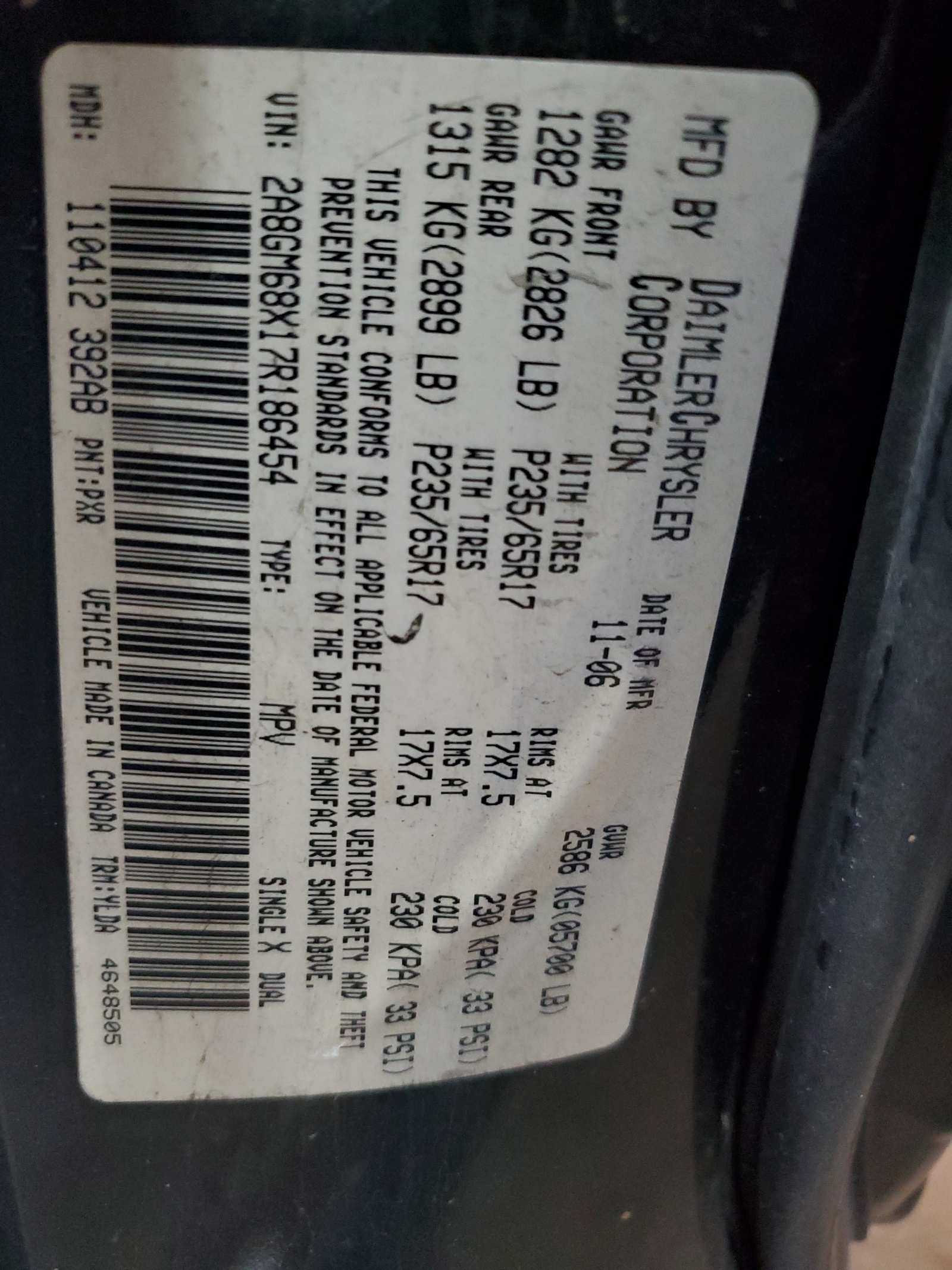 2A8GM68X17R186454 2007 Chrysler Pacifica Touring