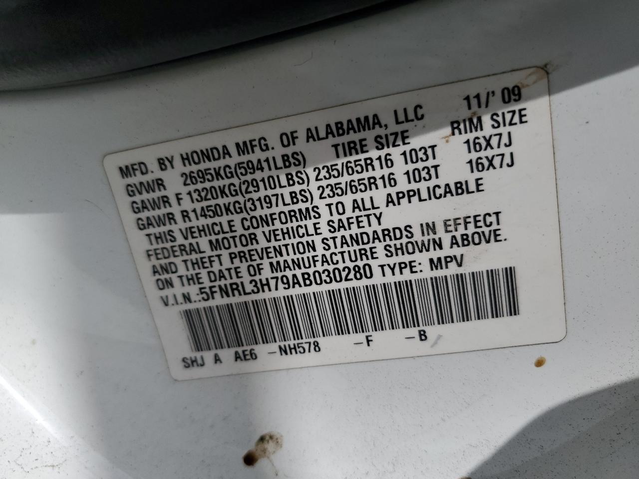 2010 Honda Odyssey Exl VIN: 5FNRL3H79AB030280 Lot: 64758054