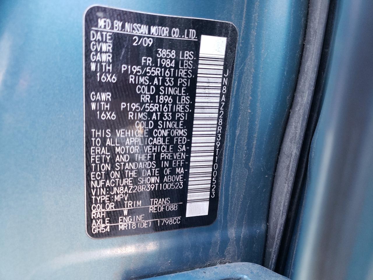 2009 Nissan Cube Base VIN: JN8AZ28R39T100523 Lot: 61456384