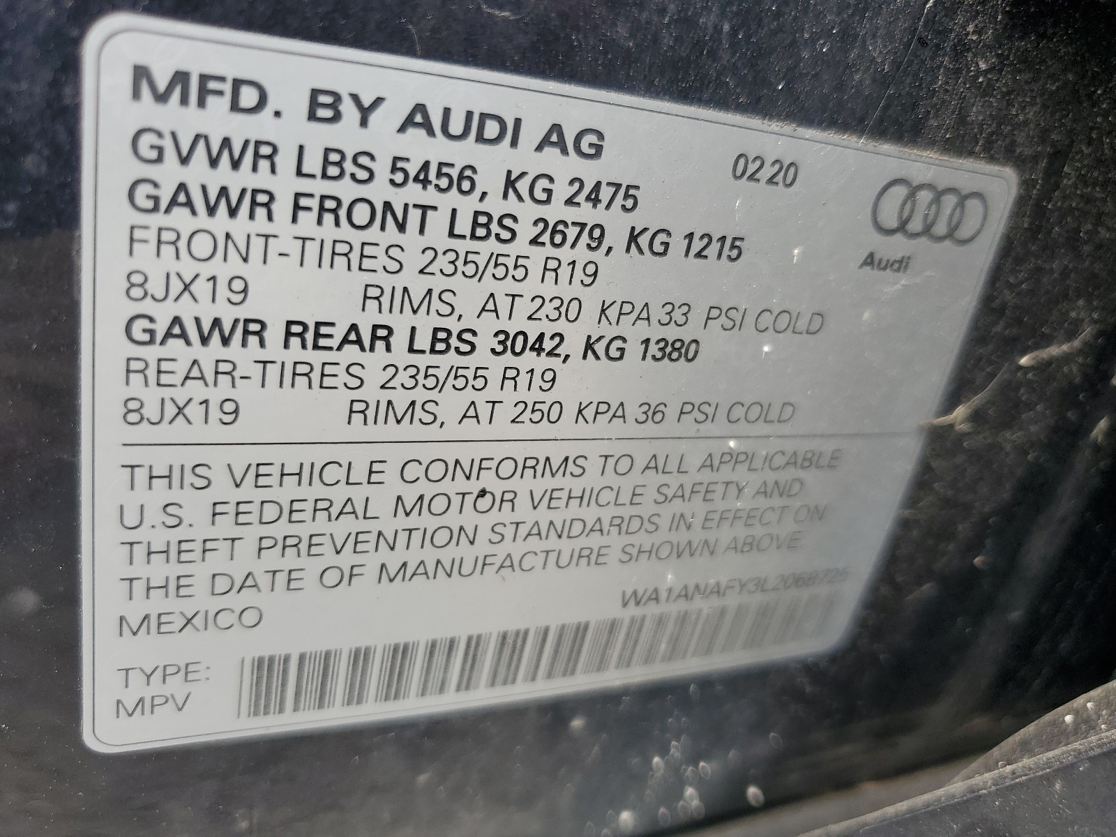 WA1ANAFY3L2068725 2020 Audi Q5 Premium