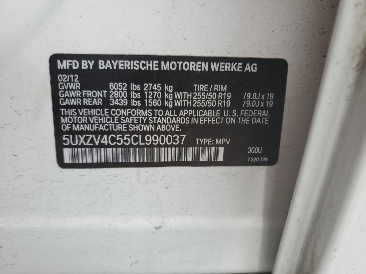 2012 BMW X5 xDrive35I VIN: 5UXZV4C55CL990037 Lot: 64086634