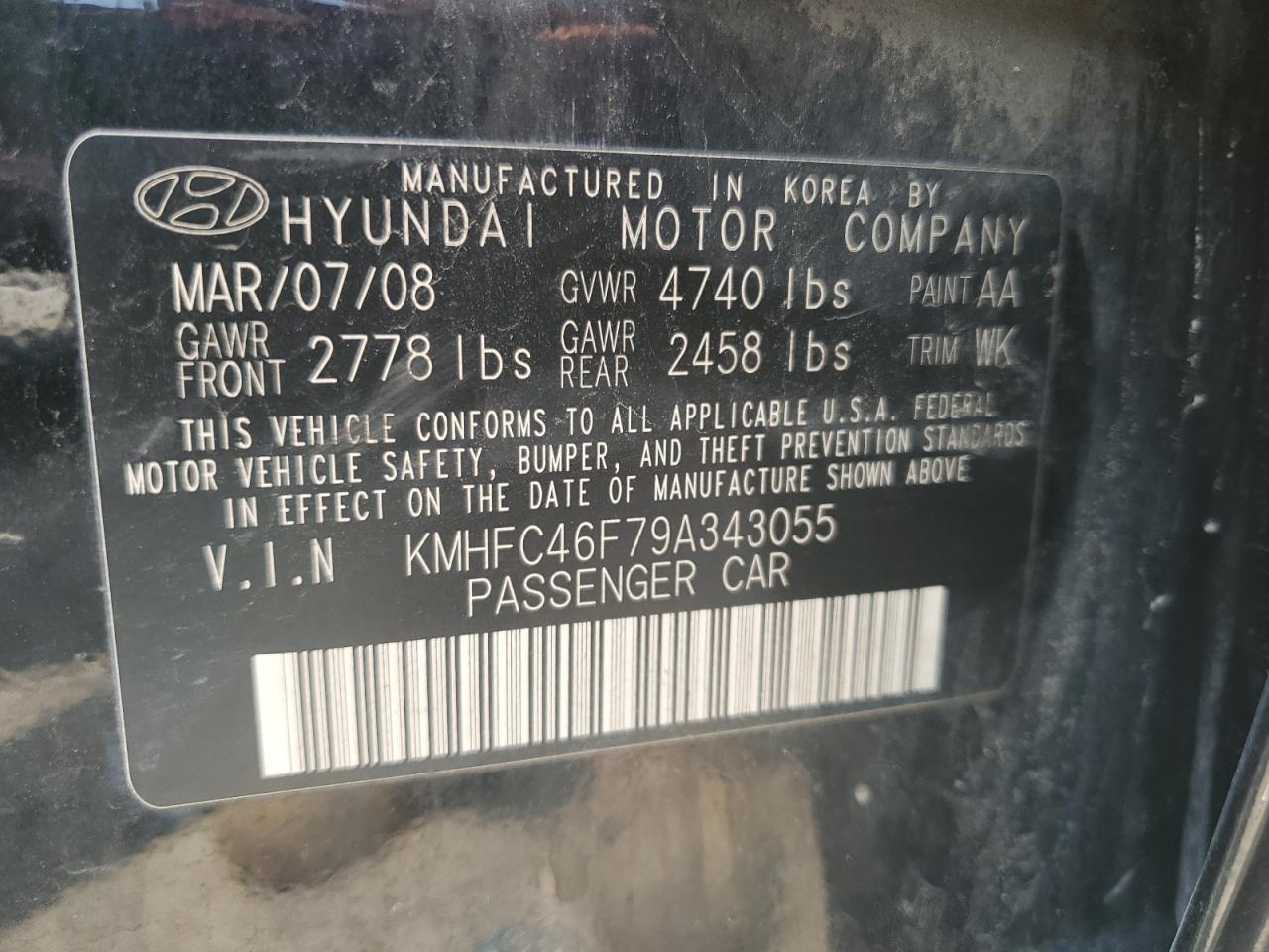 2009 Hyundai Azera Se VIN: KMHFC46F79A343055 Lot: 63936194