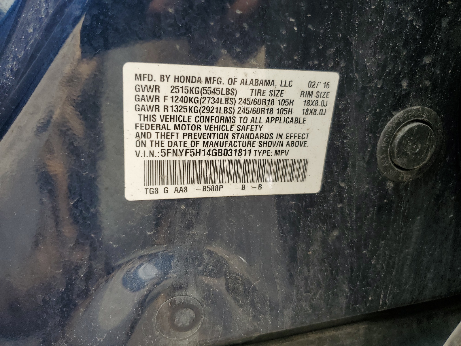 5FNYF5H14GB031811 2016 Honda Pilot Lx