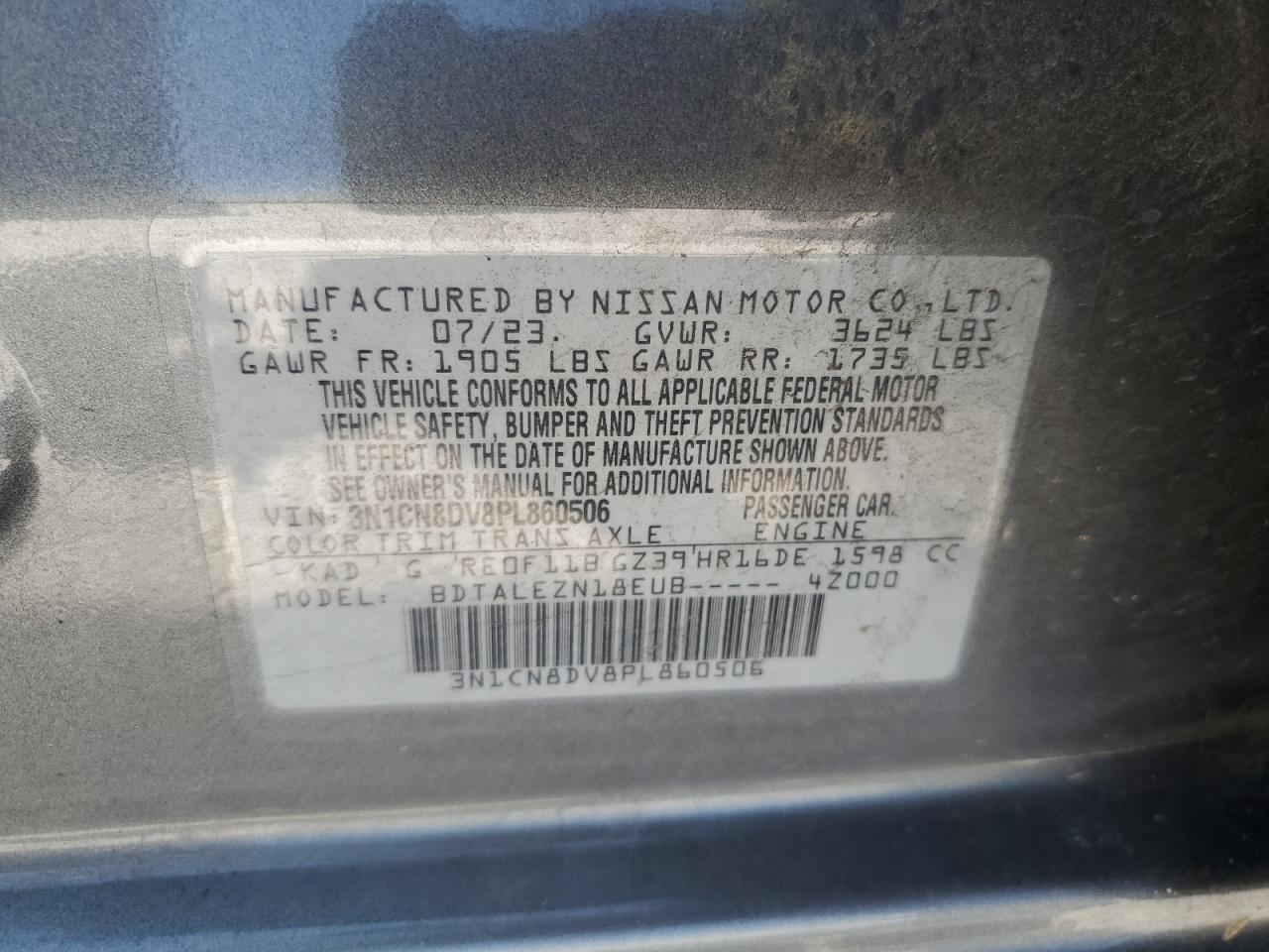 2023 Nissan Versa S VIN: 3N1CN8DV8PL860506 Lot: 65218624