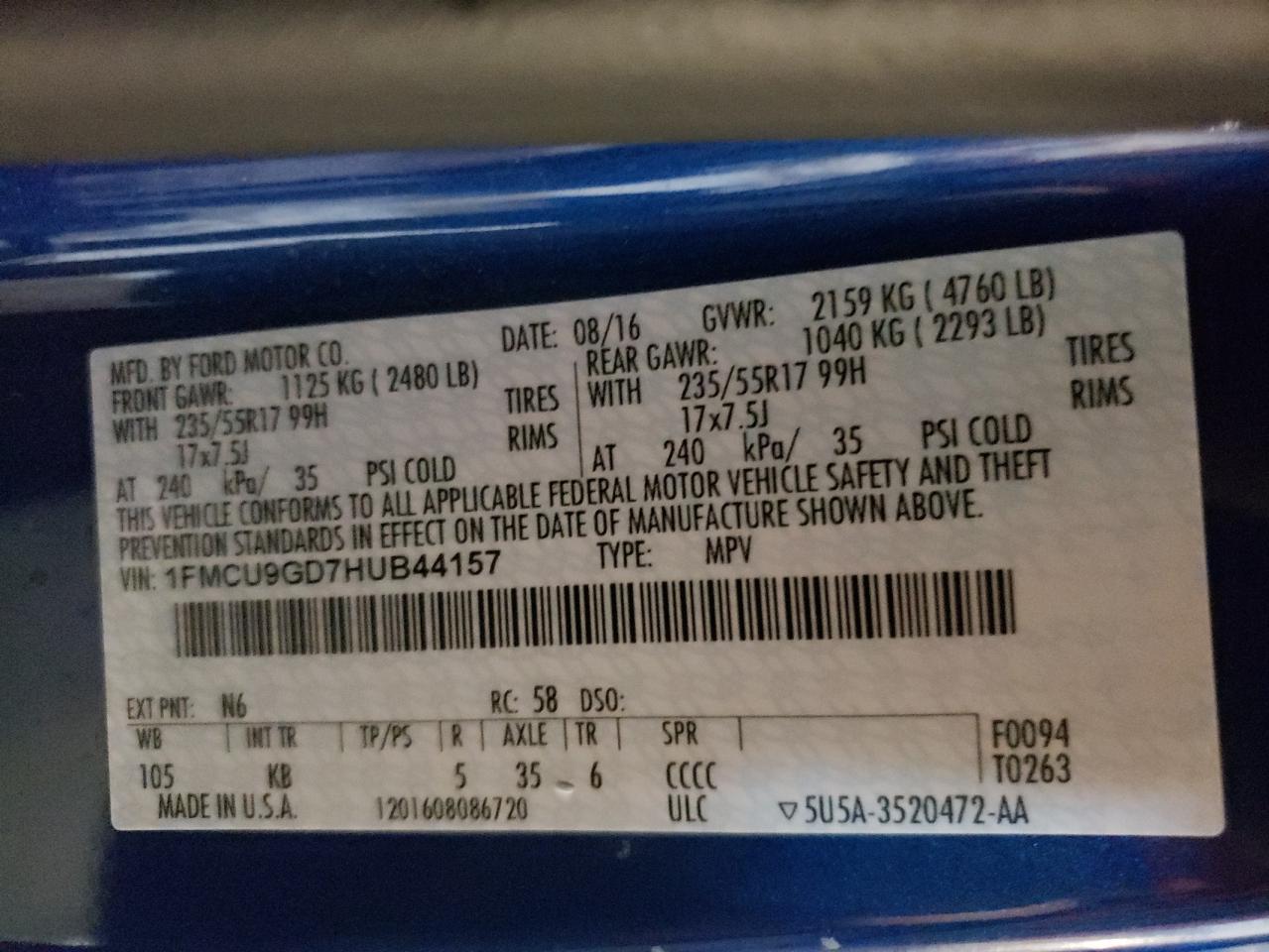 2017 Ford Escape Se VIN: 1FMCU9GD7HUB44157 Lot: 61269084