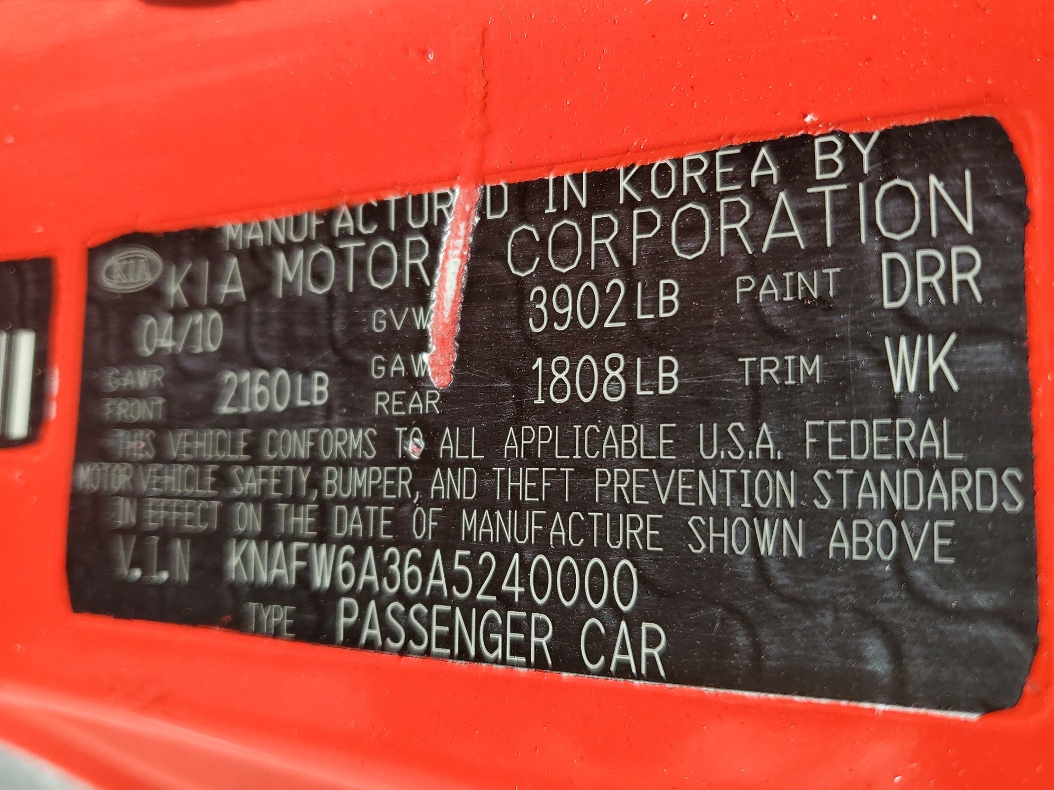 KNAFW6A36A5240000 2010 Kia Forte Sx