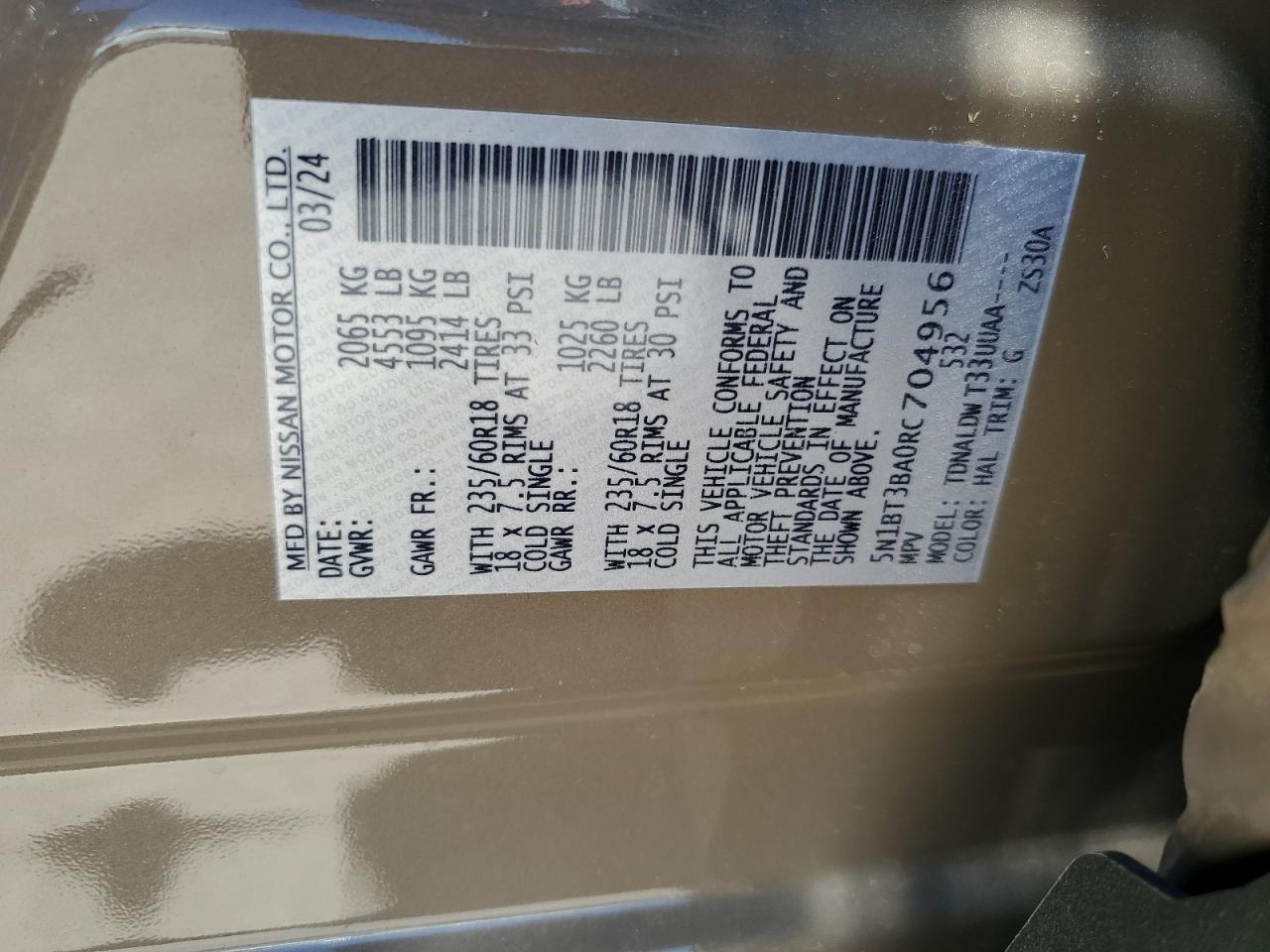 2024 Nissan Rogue Sv VIN: 5N1BT3BA0RC704956 Lot: 59888804