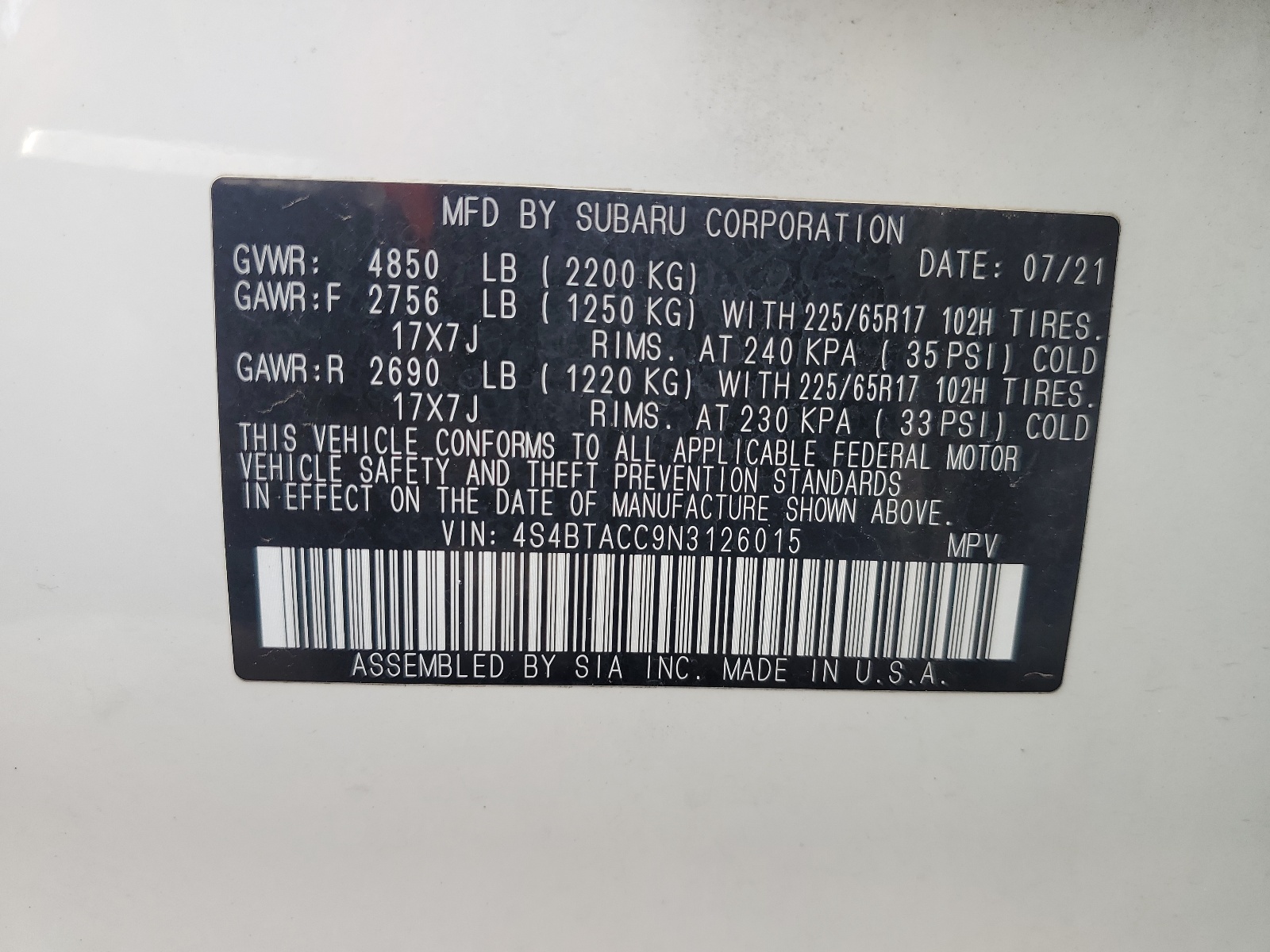 4S4BTACC9N3126015 2022 Subaru Outback Premium