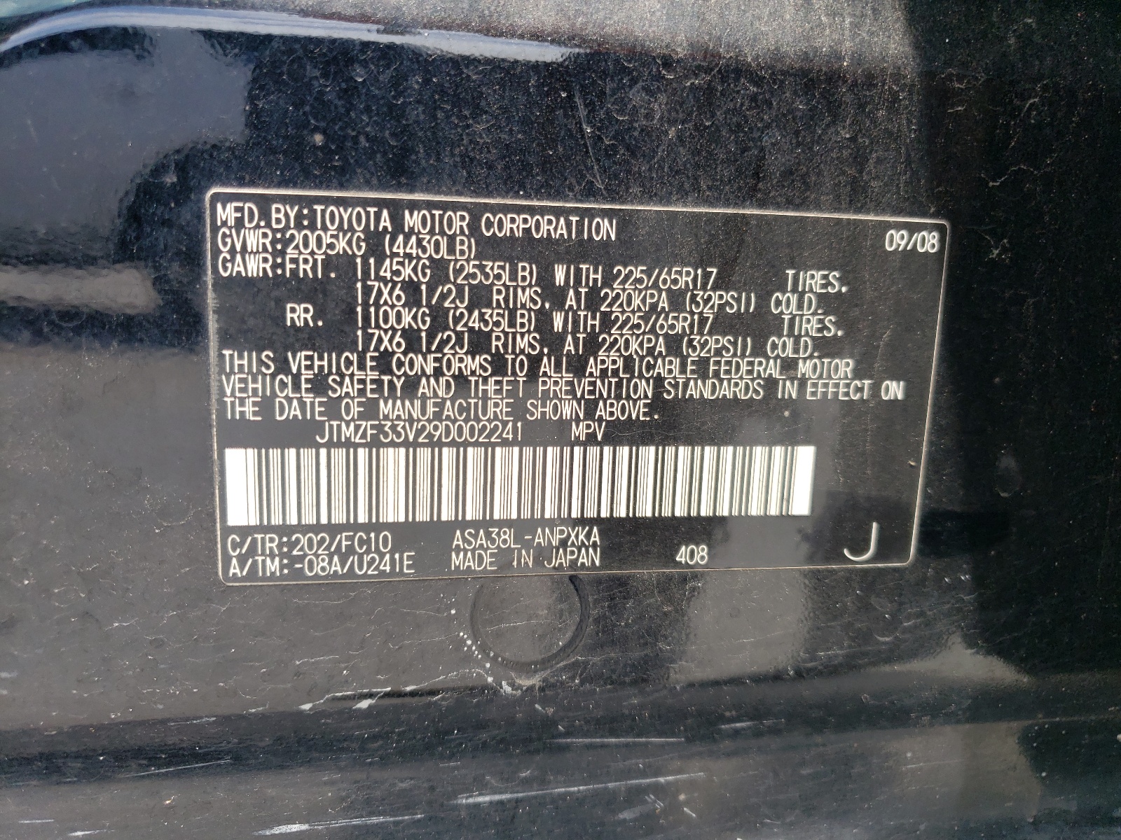 JTMZF33V29D002241 2009 Toyota Rav4