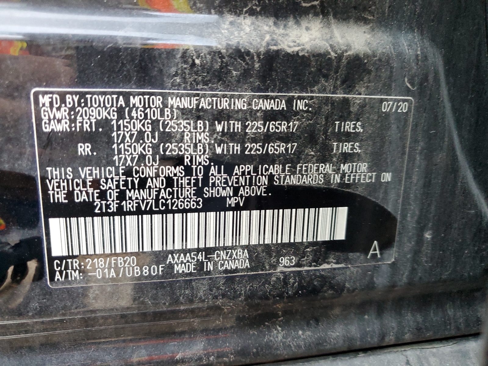 2T3F1RFV7LC126663 2020 Toyota Rav4 Le