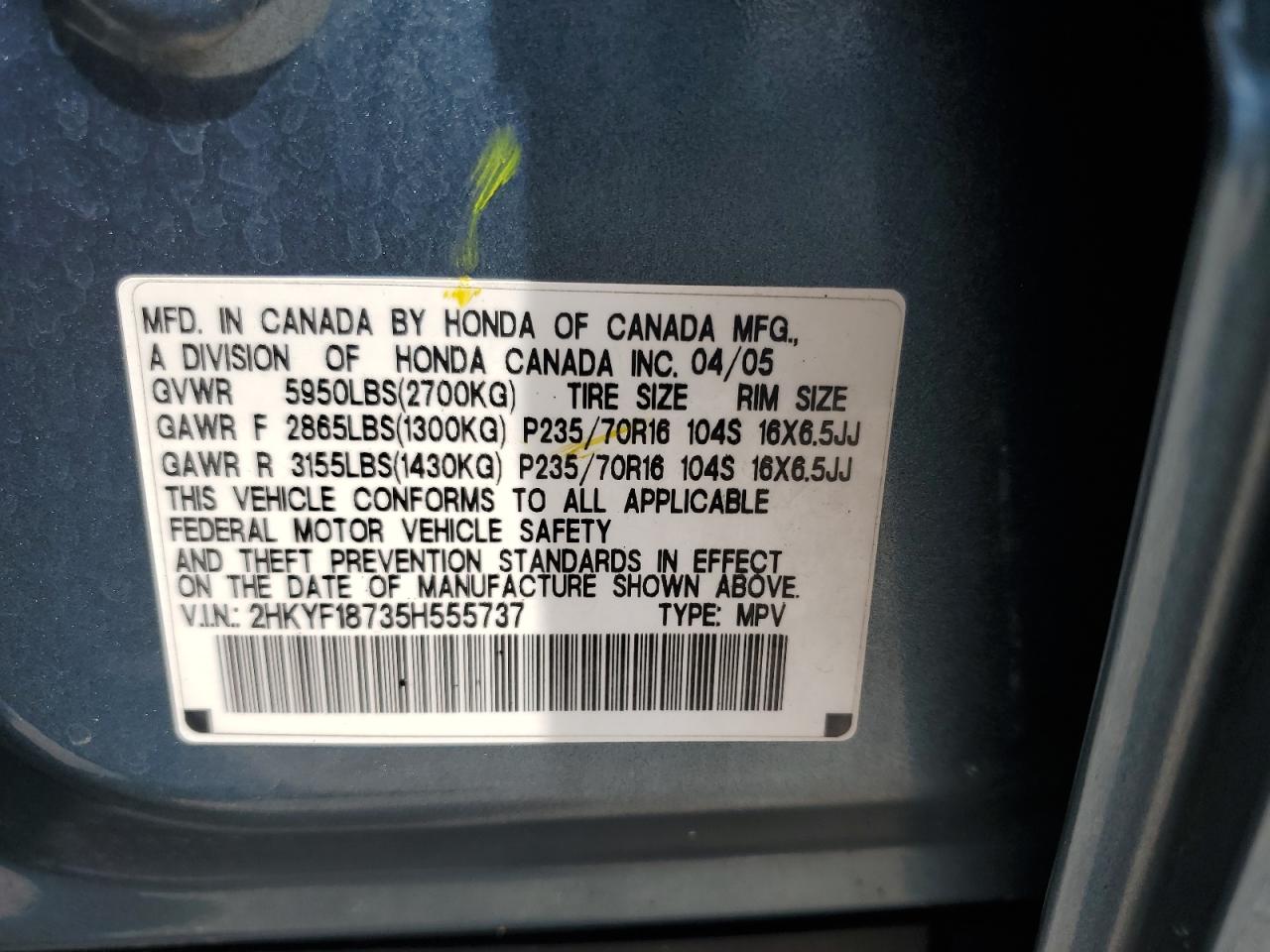 2005 Honda Pilot Exl VIN: 2HKYF18735H555737 Lot: 64178954